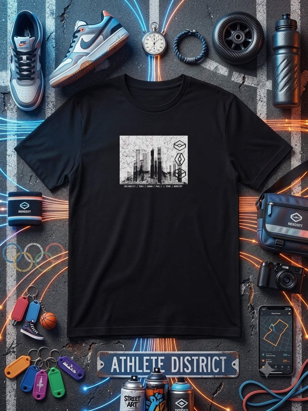 Men's Black Graphic Tee with City Print